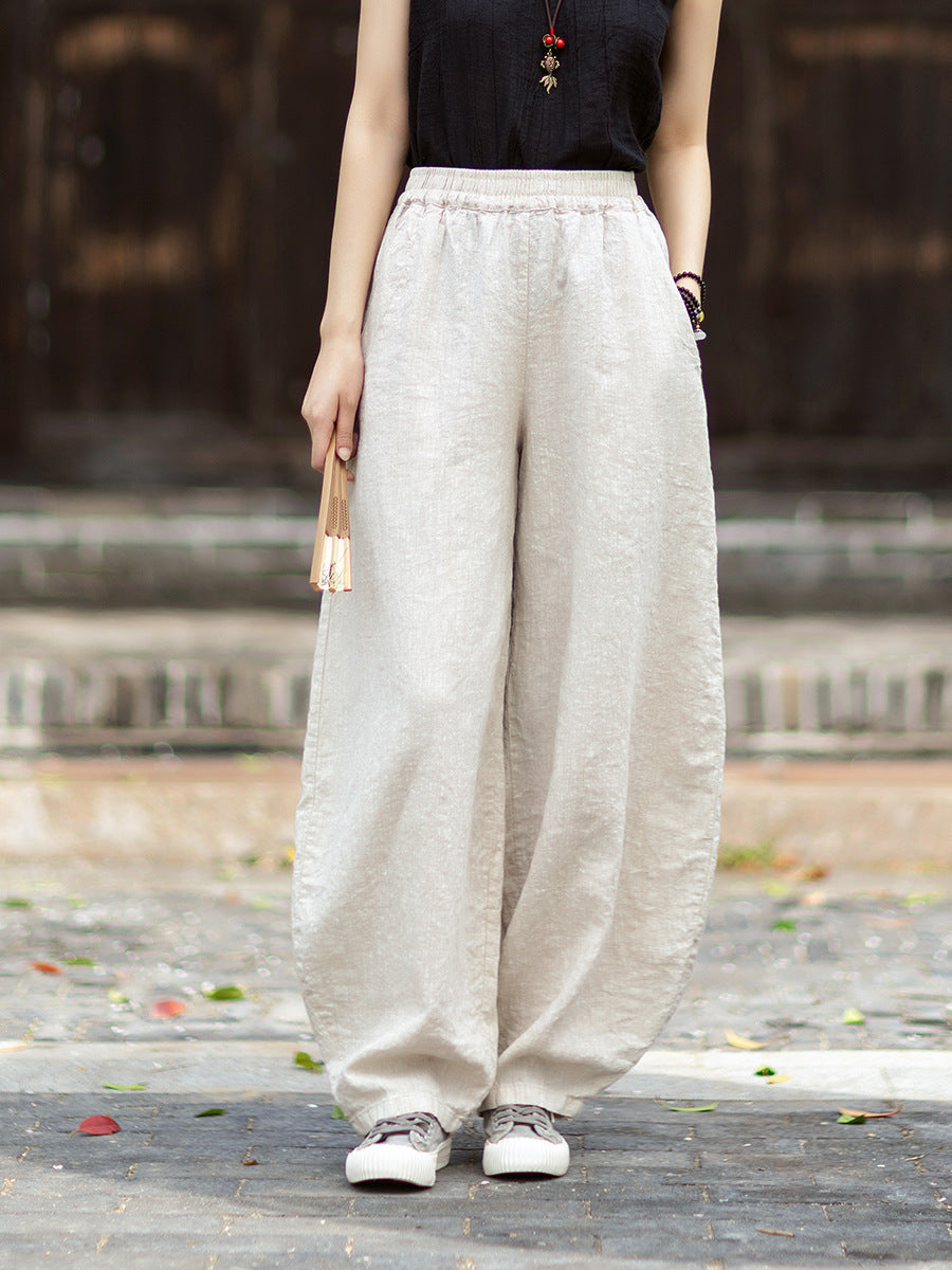 Summer Loose-Fit Zen-Inspired Boho Retro Elastic Waist Slimming Drapey Casual Pants Linen Bell-Bottom Pants 20260511