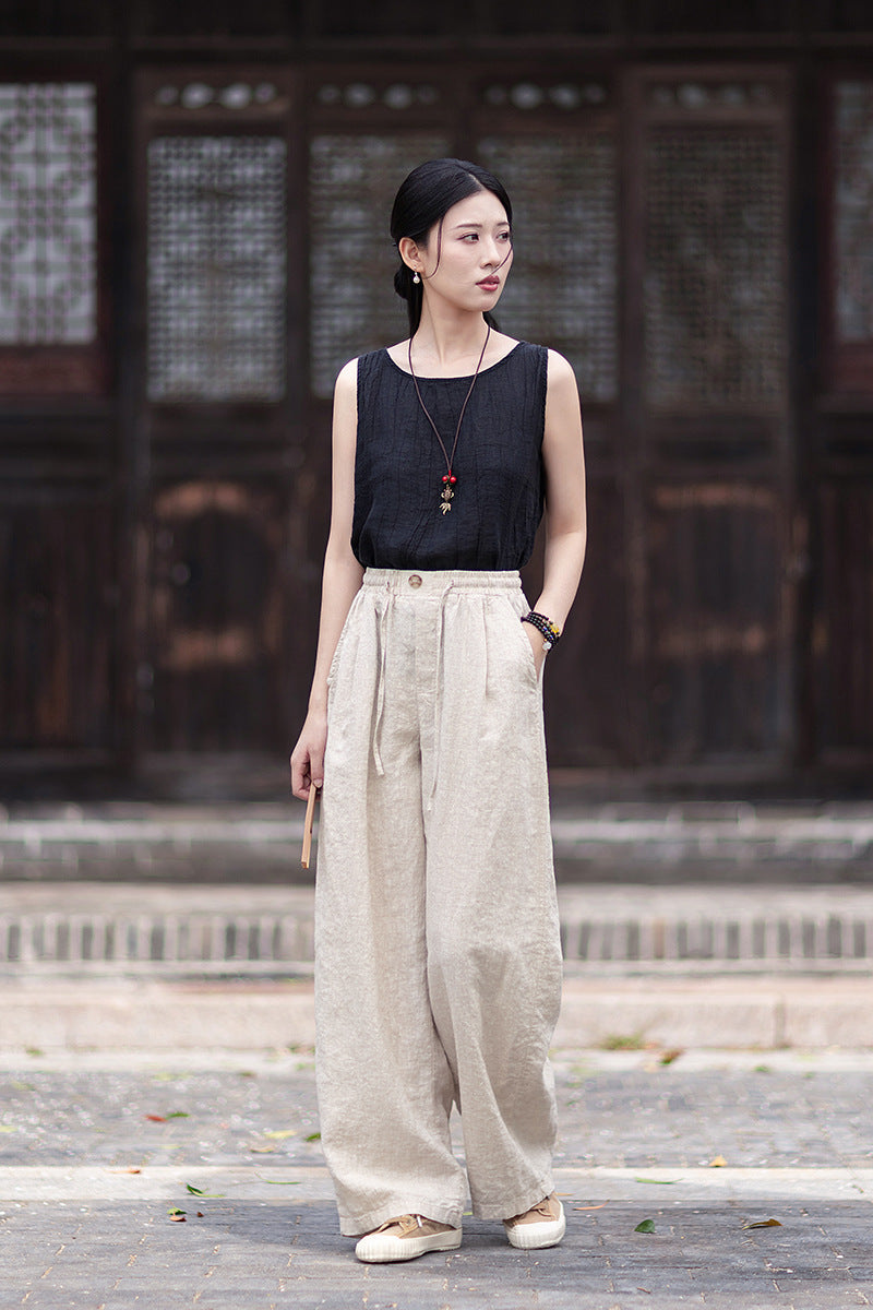 New Summer Collection: Women's Cotton-Linen Artistic and Versatile Casual Linen Pants with Drawstring Elastic Waist, Flowing Silhouette, and Slimming Straight Legs 20260511