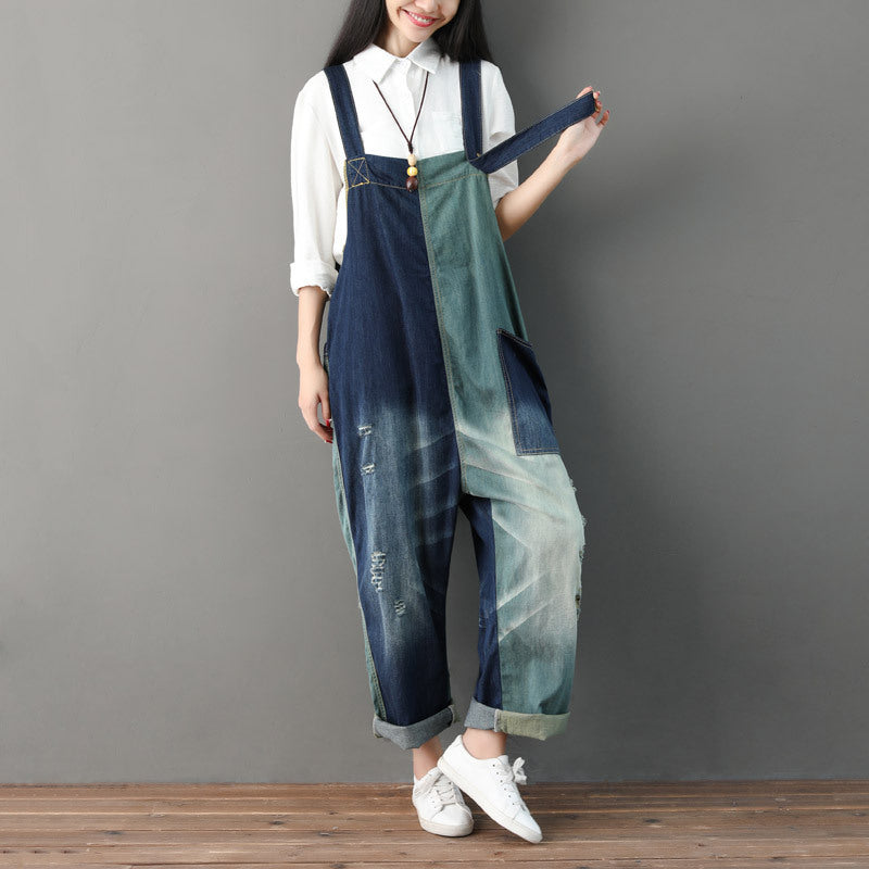 Patchwork cotton overalls, women's denim overalls, stonewashed loose overalls