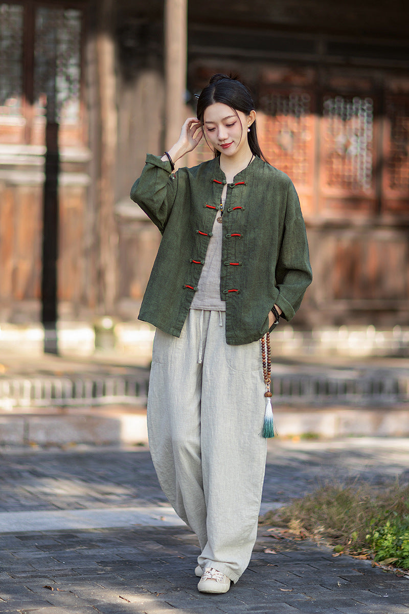 2026 Spring New Arrival: Chinese-Style Retro Double-Breasted Color-Blocked Button-Down Shirt, Women's Modernized Stand-Up Collar Ombre-Dye Tang-Style Cardigan