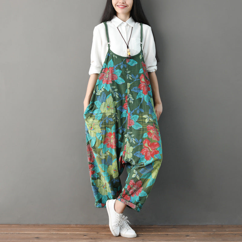 Printed floral cotton overalls, women's denim overalls, stonewashed loose overalls