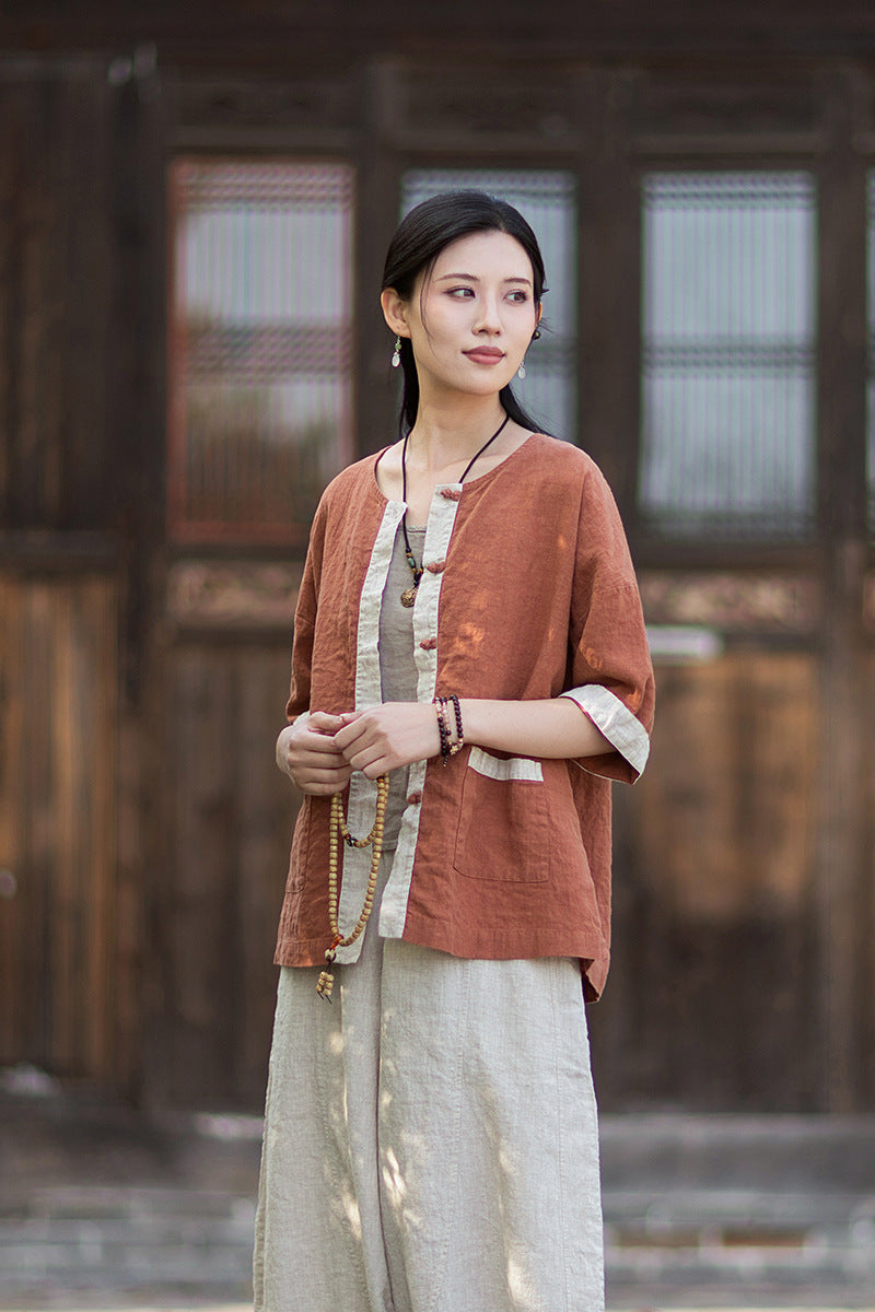New New Chinese-Style Design: Comfortable, Lightweight Linen Top with Color-Blocked Patchwork and Button-Front Cardigan 20260511