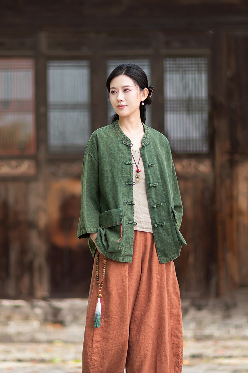 Summer New Arrival: Original Linen Hand-Knotted Button-Down Shirt with Large Pockets for Women – Vintage Distressed Jacket 20260511