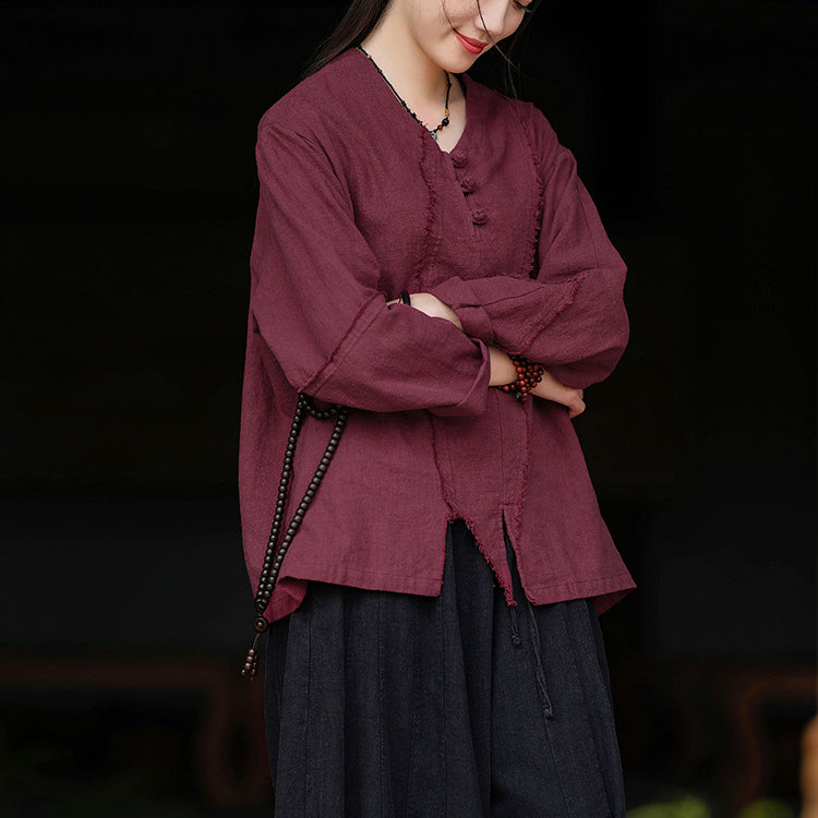 Woman Vintage Chinese Long Sleeve Cotton Linen Shirt with Embroidery V-Neck Loose Top 20240920