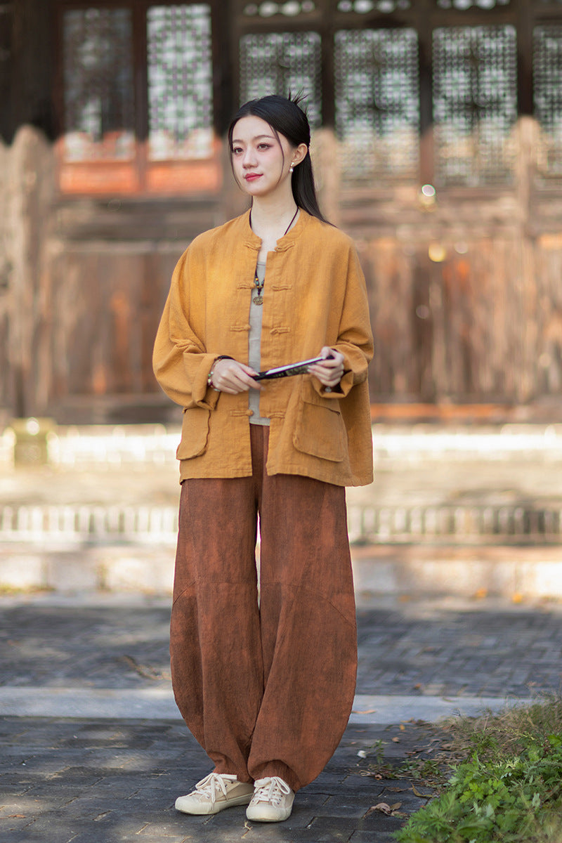 2026 Spring New Arrival: Original Vintage-Inspired Linen-Cotton Women's Cardigan, Loose-Fit Jacket with Stand-Up Collar and Button Closure