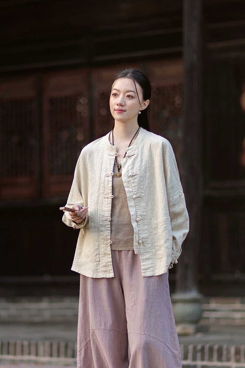 2026 New Arrival: Women's Long-Sleeve Cotton-Linen Blouse, Loose-Fit Chinese-Style Stand-Up Collar with Button-Down Front