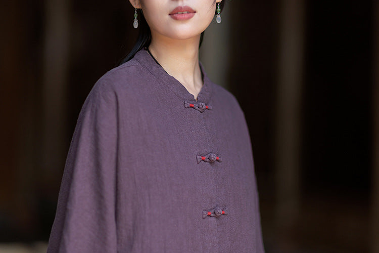 New Chinese-Style Loose-Fit Women's Shirt: Ramie Distressed Mandarin-Collared Modified Tang-Style Cardigan 20260511