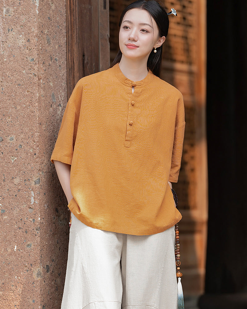 Frog button V-neck cotton  linen T-shirt, summer Chinese retro women sandwashed cotton  linen T-shirt 20240728