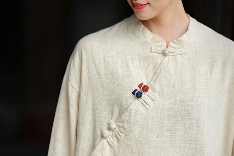 Women's Vintage Chinese Frog Button Long Sleeve Cotton and Linen Long Shirt, Standing Collar Loose Cotton and Linen Jacket 20240920
