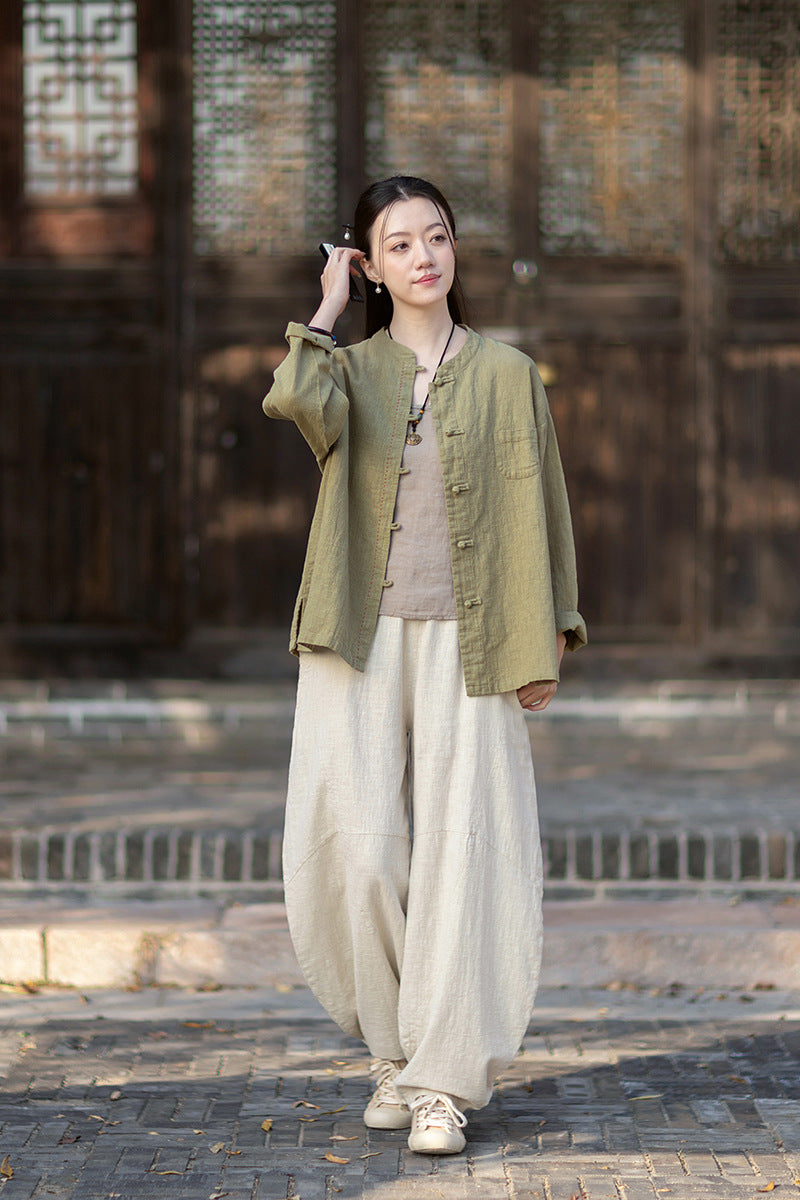 2026 Spring Cotton-Linen Women's New Chinese-Style Ramie Blouse, Loose-Fitting Cotton-Linen Button-Down Shirt with Chinese-Style Buttons, Modernized Tang-Style Jacket