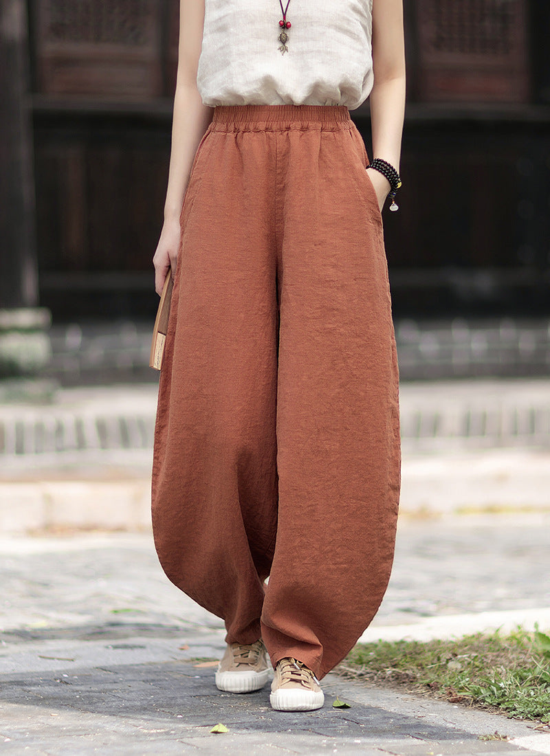 Summer Loose-Fit Zen-Inspired Boho Retro Elastic Waist Slimming Drapey Casual Pants Linen Bell-Bottom Pants 20260511