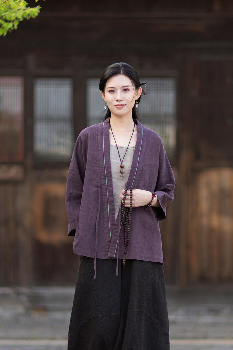 New Cotton-Linen Women's Vintage Zen-Inspired Ramie Tapered-Sleeve Tie-Front Cardigan, Loose-Fit Chinese-Style Jacket 20260511