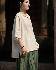 Summer Cotton Chinese t-shirt,Ramie Sand Washed Plate Button Women's Short Sleeve T-Shirt 20240714