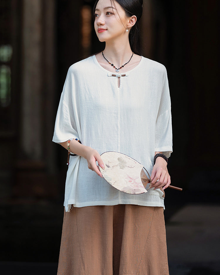 Frog button V-neck patchwork cotton  linen T-shirt, summer Chinese retro women sandwashed loose cotton  linen T-shirt 20240728