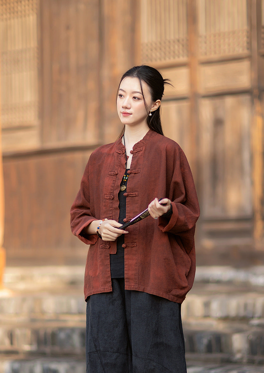 2026 Spring New Arrival: Original Cotton-Ramie Shirt for Women, Vintage Stand-Up Collar Ombré Chinese-Style Wrap-Front Cardigan
