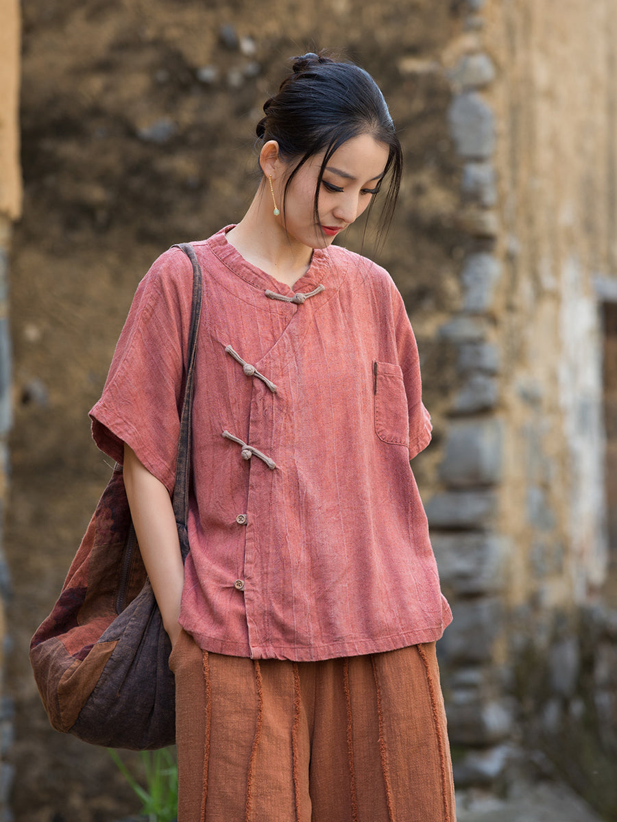 Women's Summer Chinese Short Sleeve Shirt, Vintage Cotton  Linen Casual Frog Button Shirt 20250604