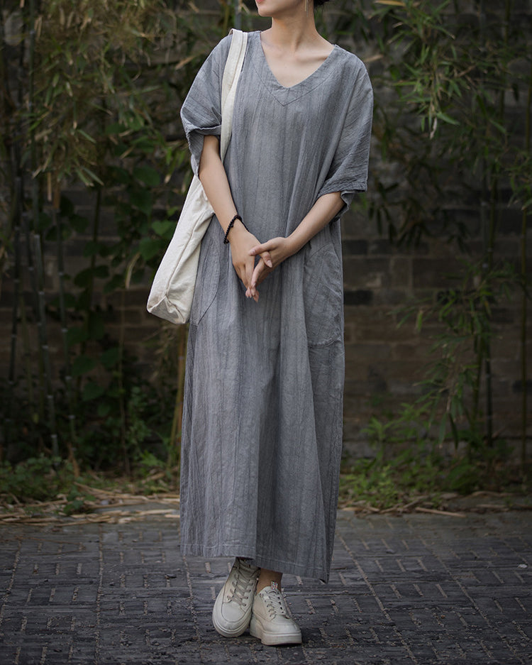 Women loose cotton linen dress plus, V-Neck Handmade Tie-Dye Dress,Loose Cotton Linen Dress 20240714