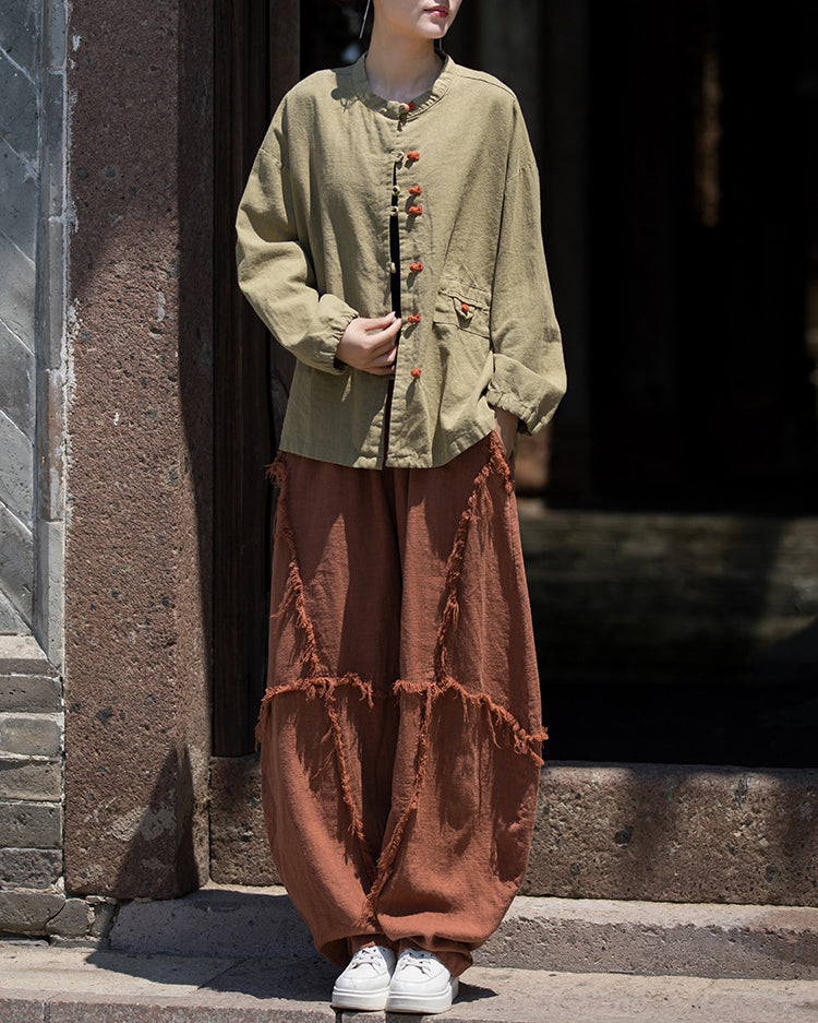 Summer cotton linen Chinese stand-up collar shirt, sandwashed frog button women's long-sleeved shirt 20240714