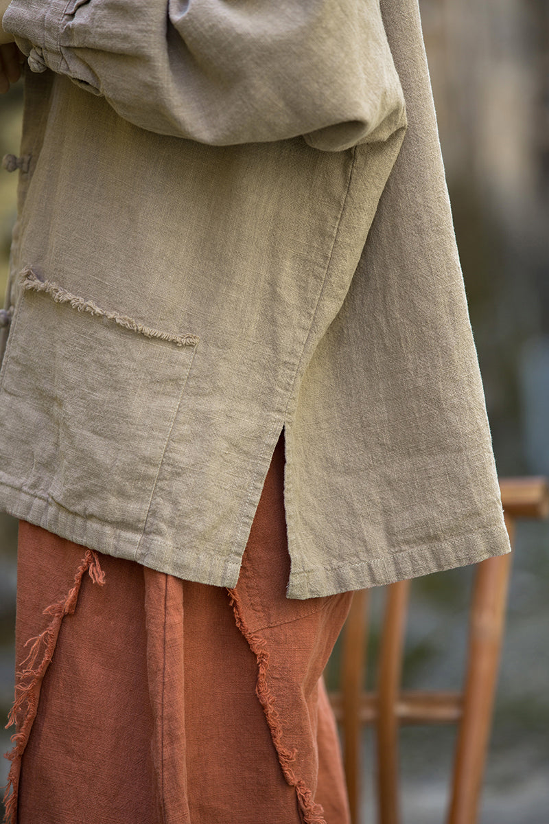 Vintage summer Chinese long sleeve shirt, cotton and linen washed and brushed frog button shirt 20250604