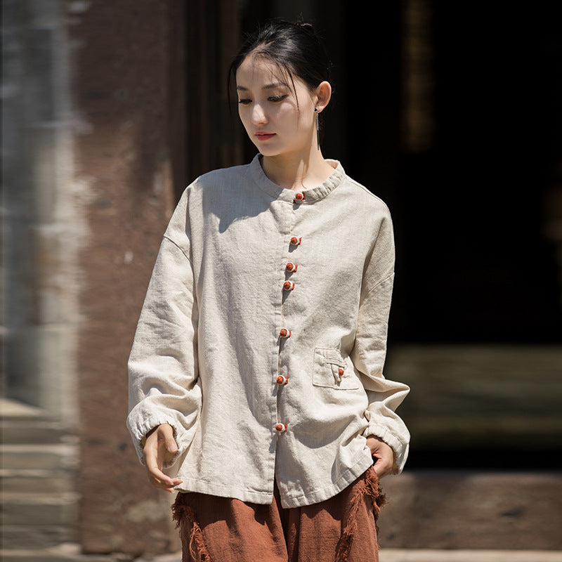Summer cotton linen Chinese stand-up collar shirt, sandwashed frog button women's long-sleeved shirt 20240714