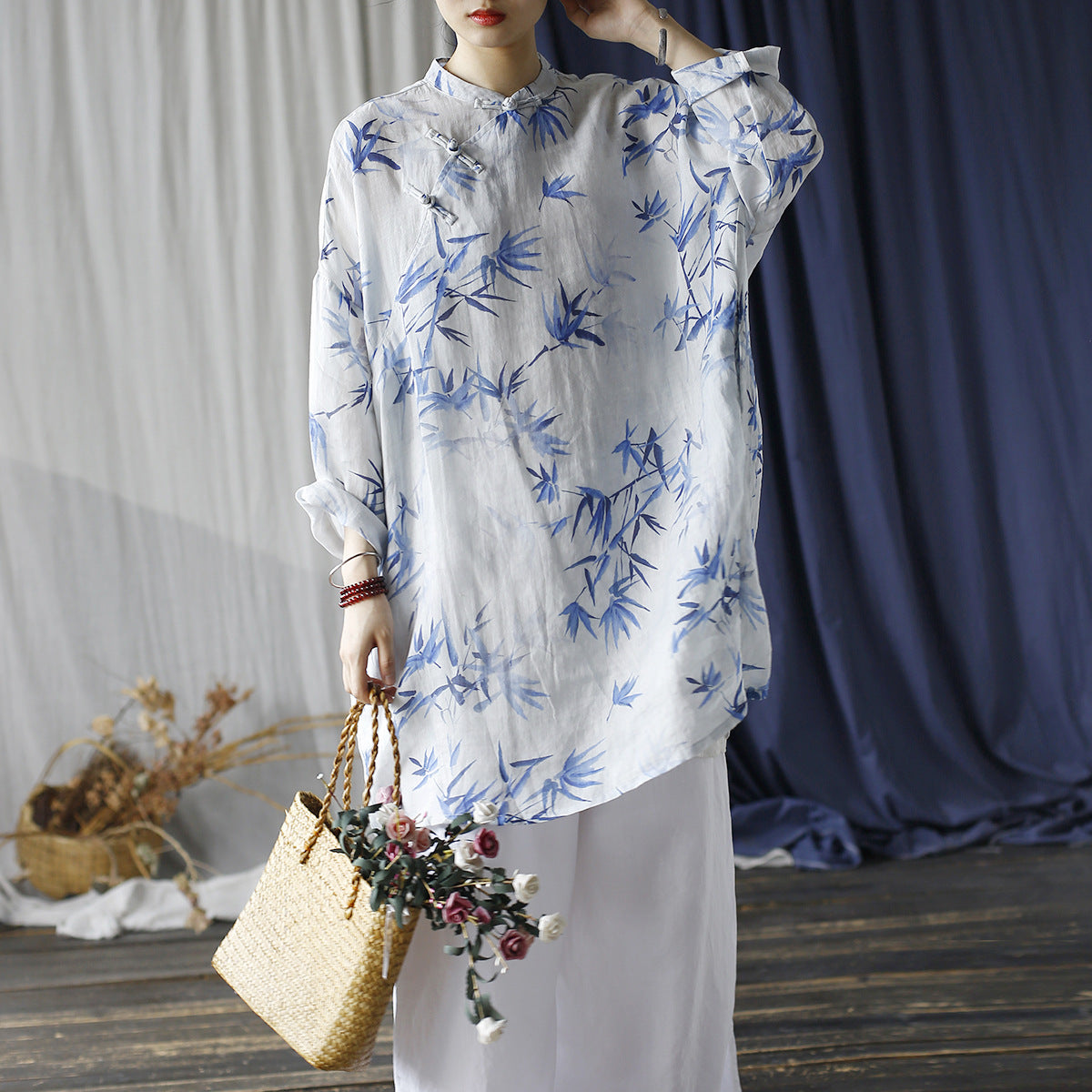 Summer Printed Standing Collar Chinese Frog Button Casual Shirt, Loose Ramie Shirt 20240803