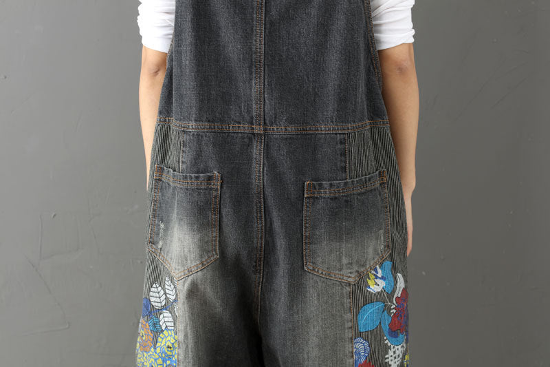 Printed cotton overalls, women's denim washed overalls