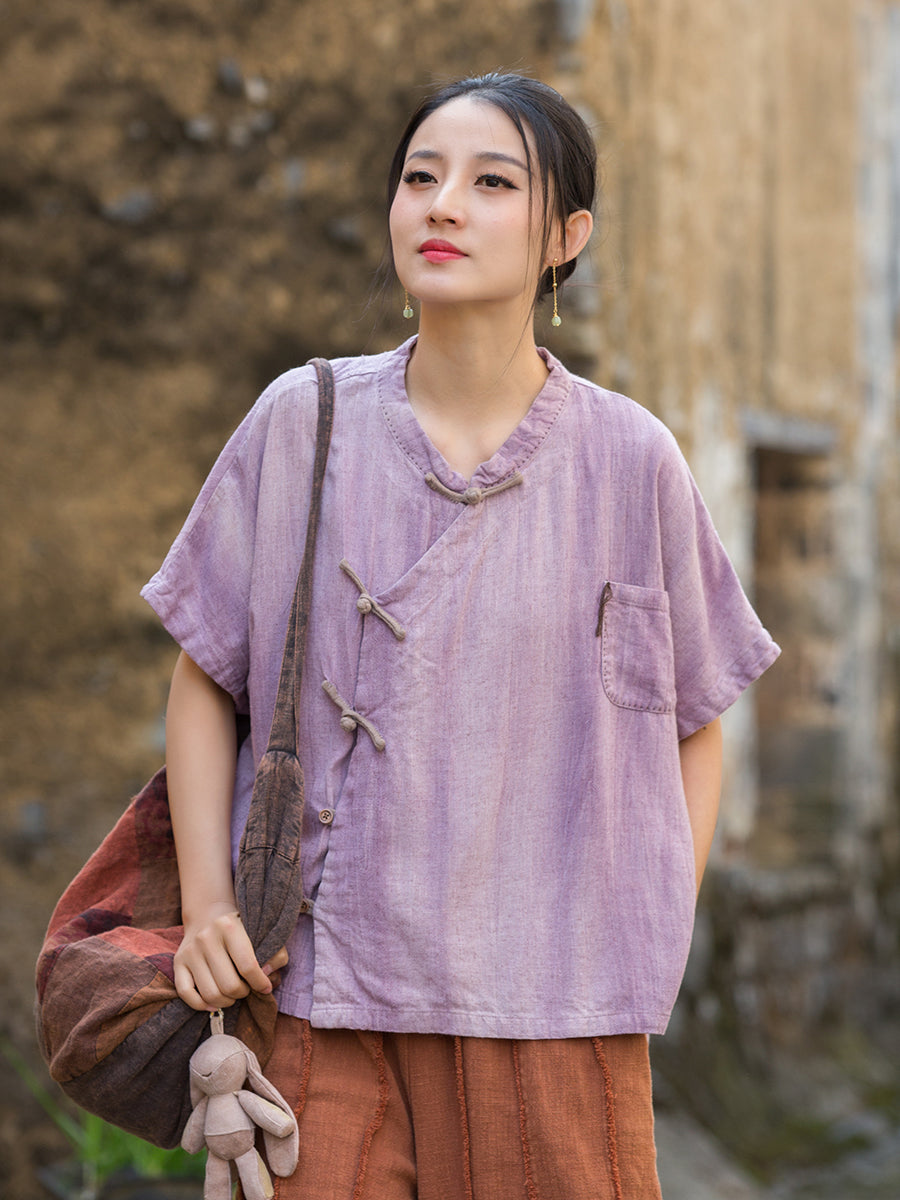 Women's Summer Chinese Short Sleeve Shirt, Vintage Cotton  Linen Casual Frog Button Shirt 20250604