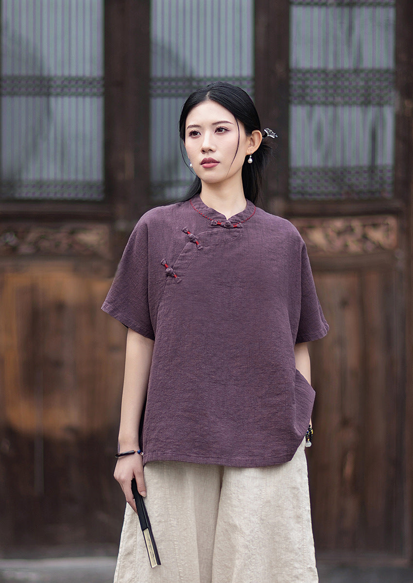 Women's Cotton-Linen Retro Zen-Inspired Stand-Collar Shirt with Stitched Buttonholes and Asymmetrical Hem 20260511