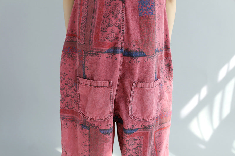 Embroidered floral cotton ankle overalls, women's denim overalls, stonewashed loose overalls