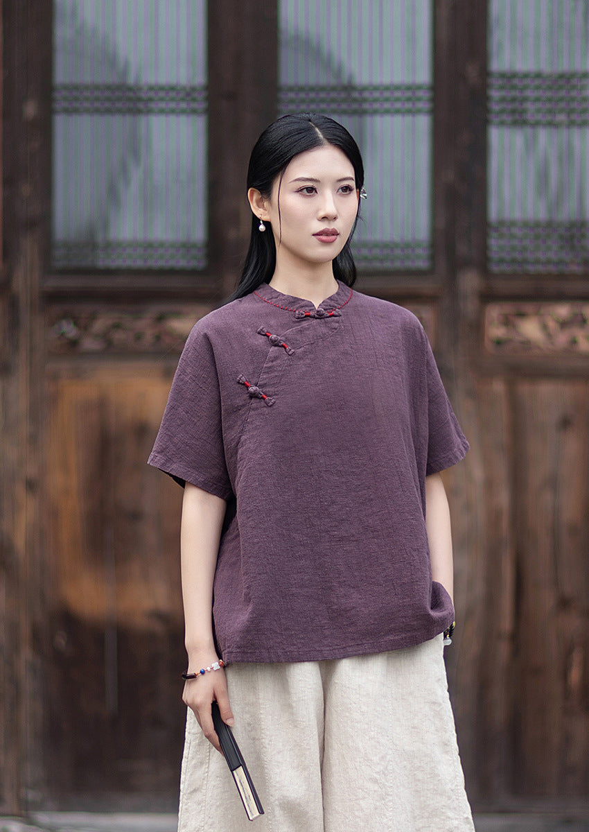 Women's Cotton-Linen Retro Zen-Inspired Stand-Collar Shirt with Stitched Buttonholes and Asymmetrical Hem 20260511