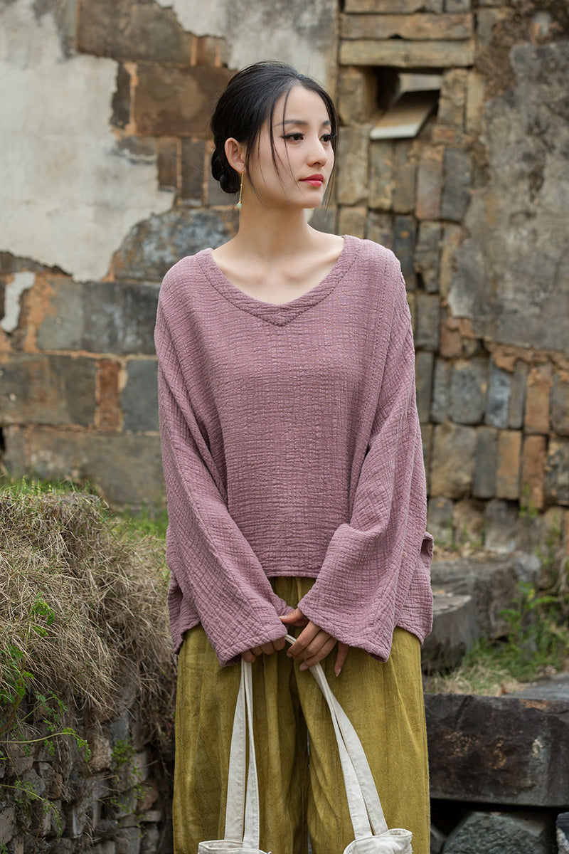 Vintage Summer Chinese Boat Collar Long Sleeve Shirt, Cotton  Linen Washed Frog Long T-Shirt 20250604