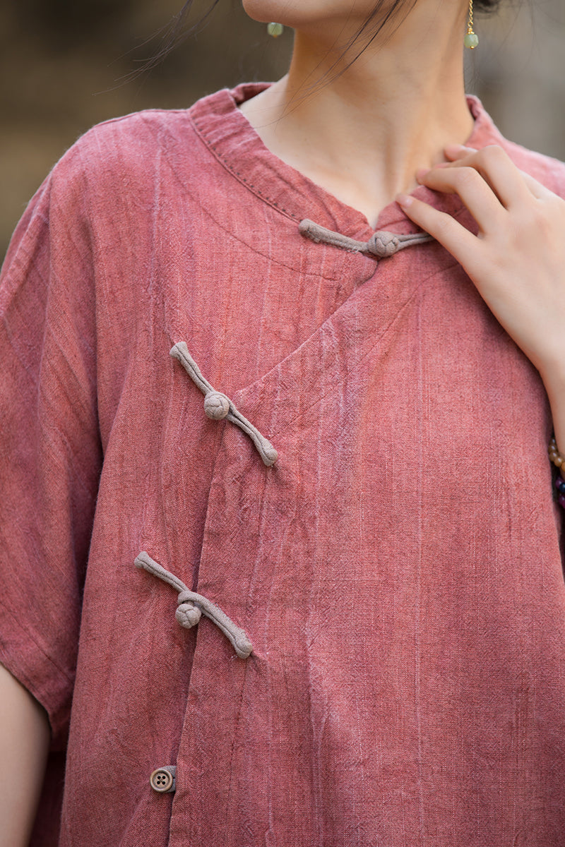 Women's Summer Chinese Short Sleeve Shirt, Vintage Cotton  Linen Casual Frog Button Shirt 20250604
