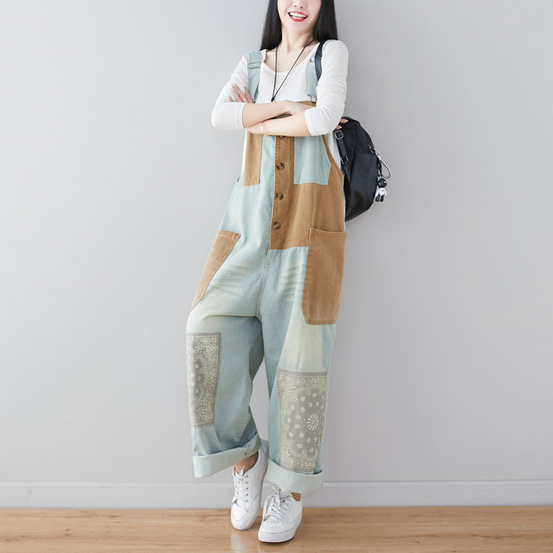 Patchwork Printed Cotton Overalls,Women's Denim Overalls,Stonewashed Loose Overalls