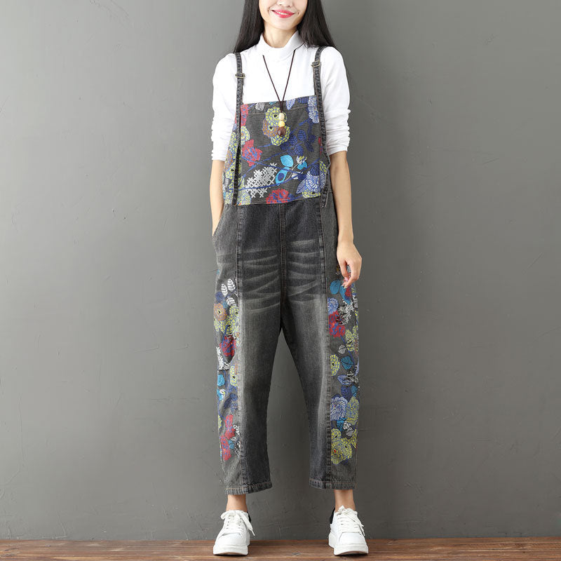 Printed cotton overalls, women's denim washed overalls