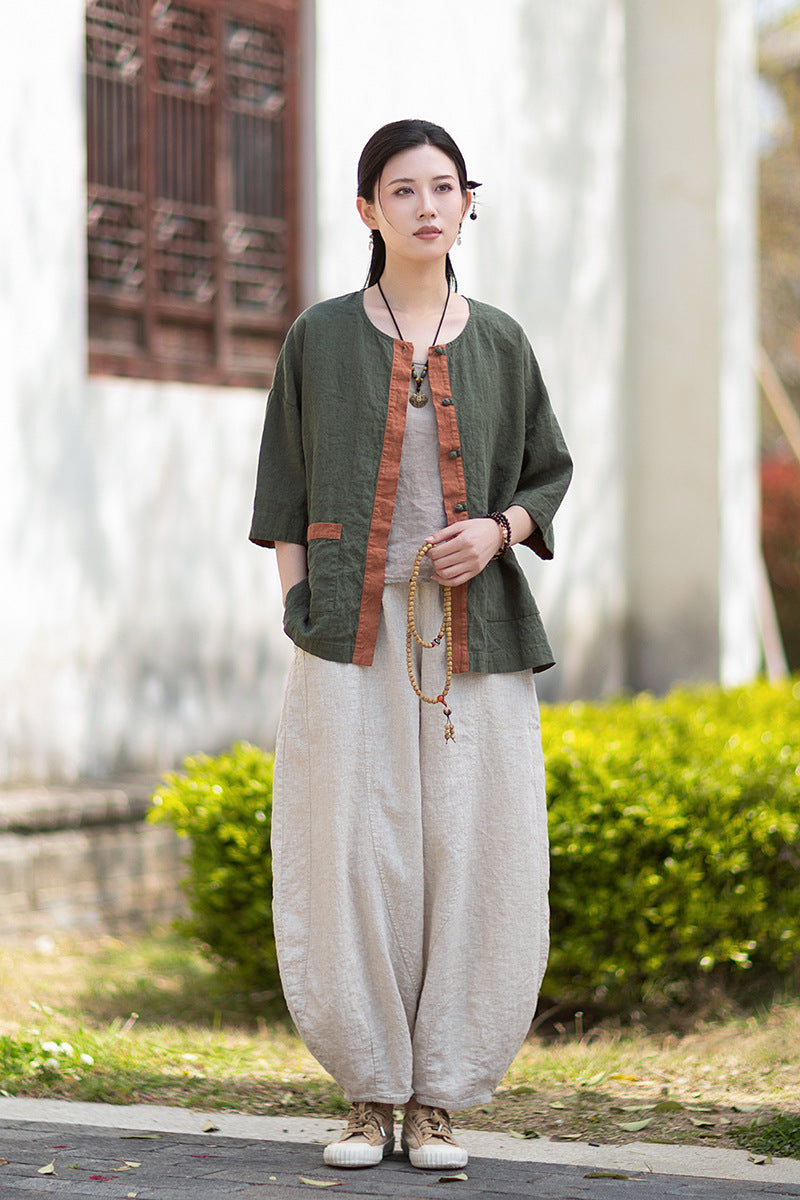 New New Chinese-Style Design: Comfortable, Lightweight Linen Top with Color-Blocked Patchwork and Button-Front Cardigan 20260511