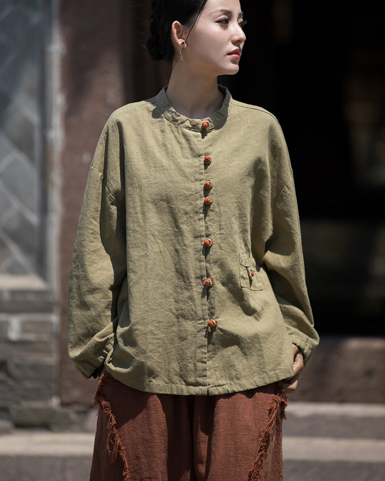 Summer cotton linen Chinese stand-up collar shirt, sandwashed frog button women's long-sleeved shirt 20240714