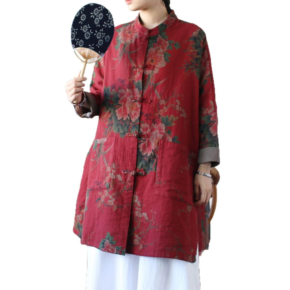 Vintage Frog Button Stand-up Collar shirt, Oversize Printed Red peony Cotton  Linen Jacket 20250408