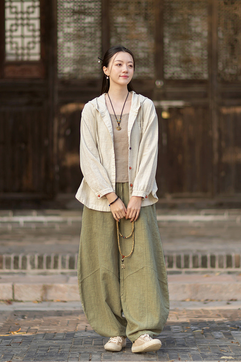 2026 Spring New Arrival: Oversized Casual Hooded Color-Blocked Button-Down Shirt, Women's Sandwashed Cotton-Linen Jacket