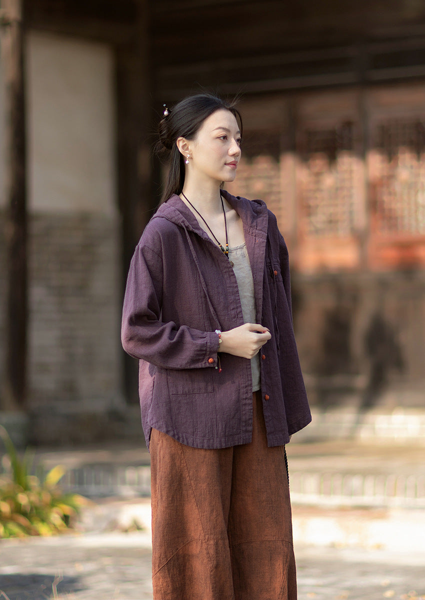 2026 Spring New Arrival: Oversized Casual Hooded Color-Blocked Button-Down Shirt, Women's Sandwashed Cotton-Linen Jacket