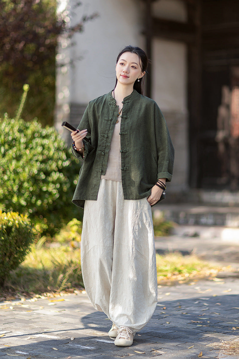 2026 Spring New Arrival: Original Cotton-Ramie Shirt for Women, Vintage Stand-Up Collar Ombré Chinese-Style Wrap-Front Cardigan