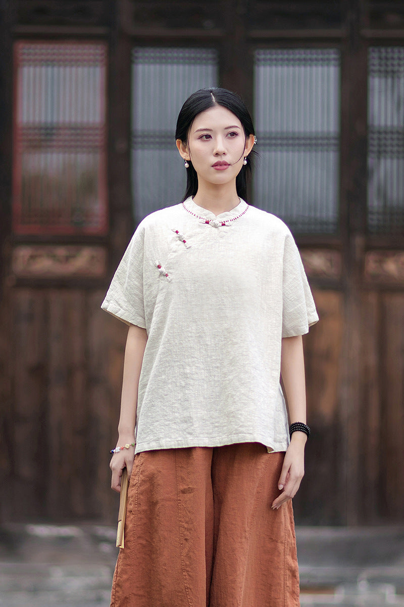 Women's Cotton-Linen Retro Zen-Inspired Stand-Collar Shirt with Stitched Buttonholes and Asymmetrical Hem 20260511