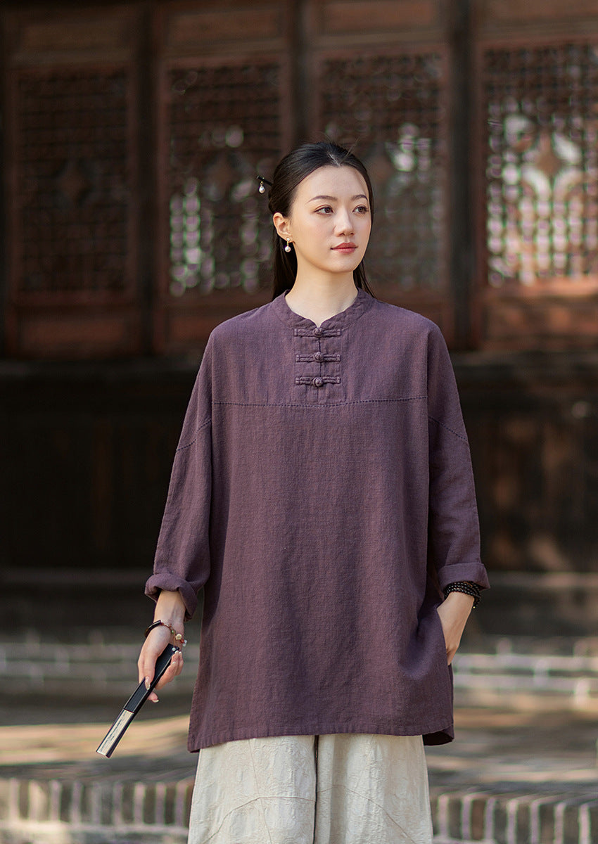 2026 Spring Retro Mandarin Collar Button-Down Cotton-Linen Blouse for Women: Chinese-Style Zen-Inspired Tea Ceremony Pullover, Ramie Stand-Up Collar Long-Sleeve Shirt