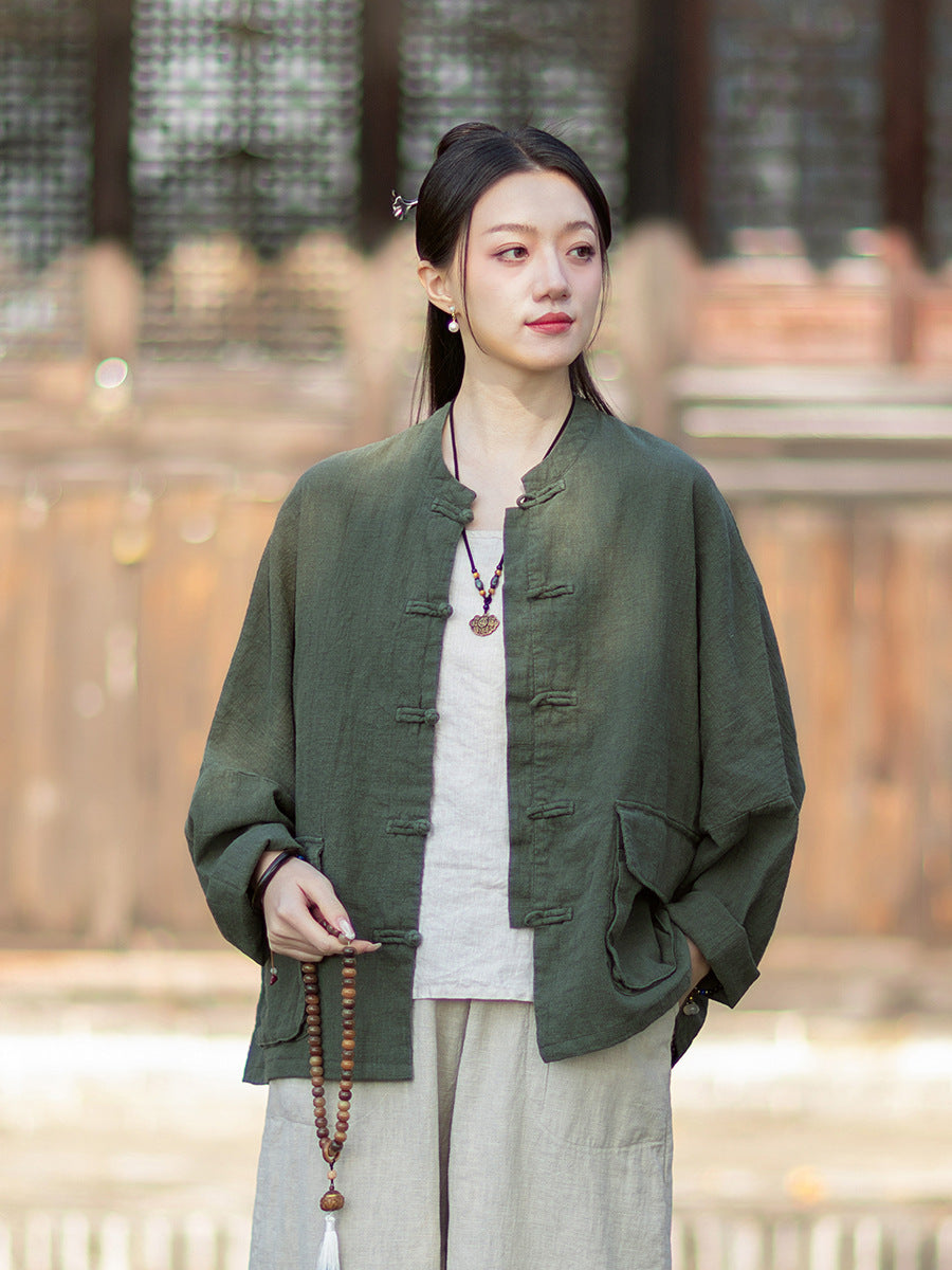 2026 Spring New Arrival: Original Vintage-Inspired Linen-Cotton Women's Cardigan, Loose-Fit Jacket with Stand-Up Collar and Button Closure
