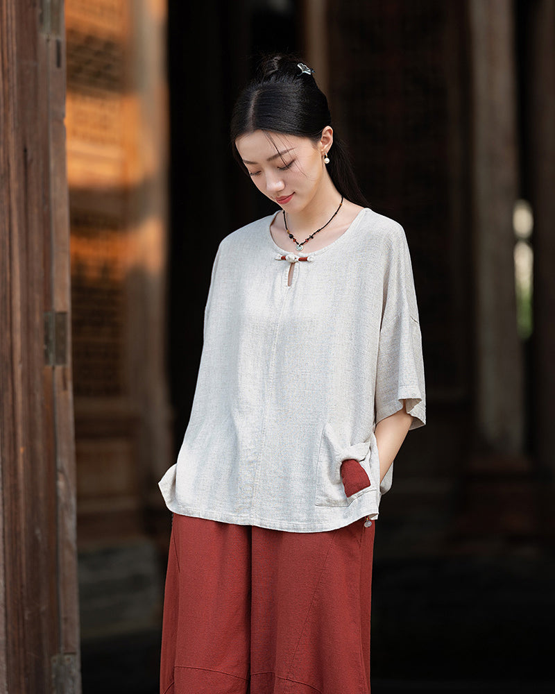 Frog button V-neck patchwork cotton  linen T-shirt, summer Chinese retro women sandwashed loose cotton  linen T-shirt 20240728