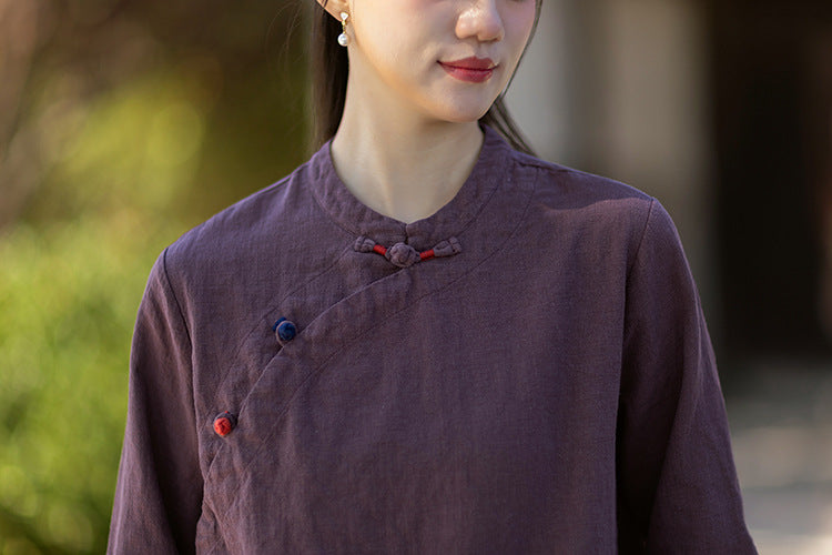 2026 Spring New Arrival: Original Cotton-Linen Women's Chinese-Style Stand-Collar Top, Tea Ceremony-Style Women's Diagonal-Placket Color-Blocked Button-Down Shirt