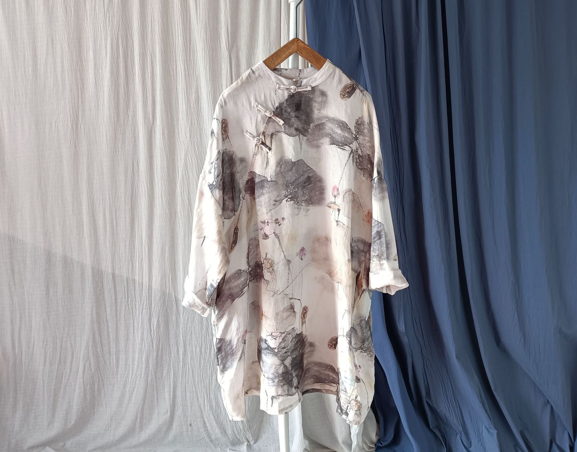 Summer Printed Standing Collar Chinese Frog Button Casual Shirt, Loose Ramie Shirt 20240803