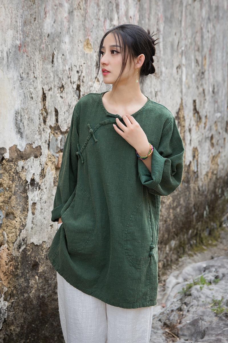 Vintage Summer Chinese Boat Collar Long Sleeve Shirt, Cotton  Linen Washed Frog Long T-Shirt 20250604