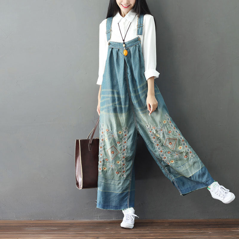 Embroidered floral cotton overalls, women's denim overalls, stonewashed loose overalls