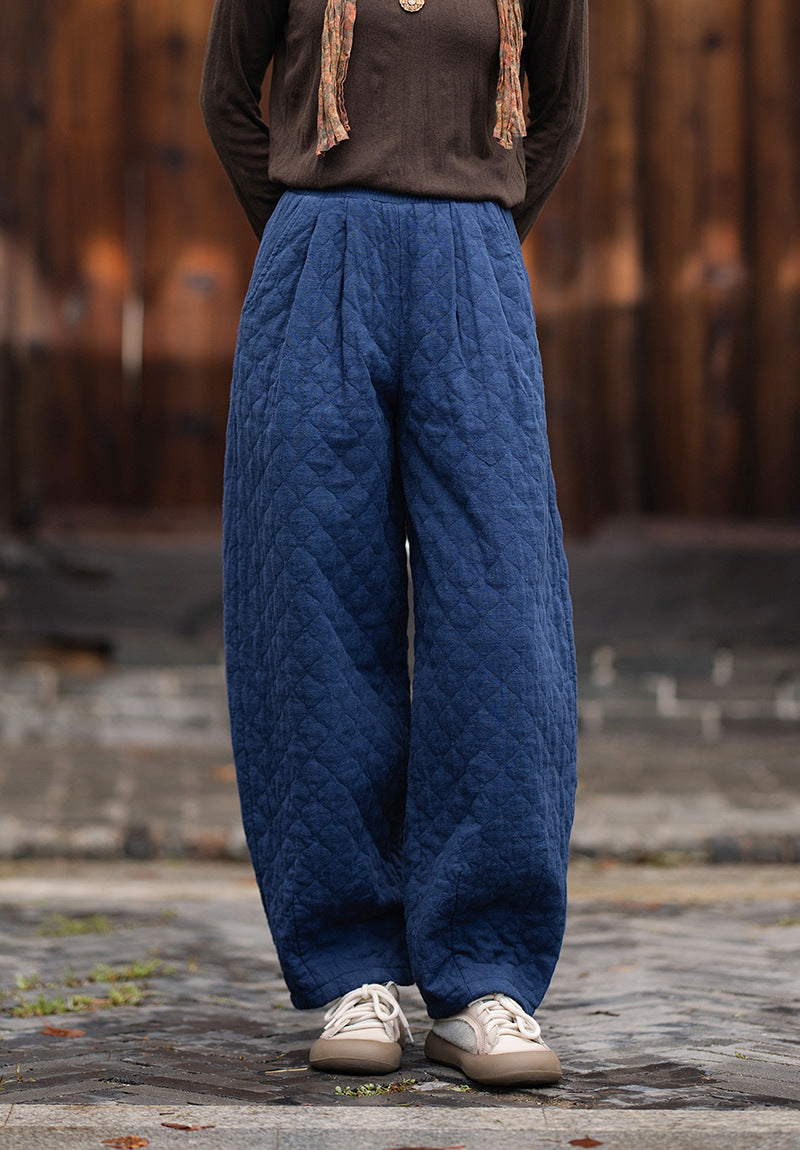 2026 Winter New Arrival: Artistic, Retro, and Zen-Inspired Women's Cotton-Padded Pants for Outdoor Wear—Warm, Cold-Resistant, with Elastic Waist and Bell-Bottom Design