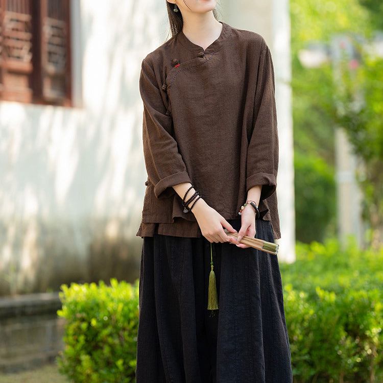 Women's Vintage Chinese Long Sleeve Cotton Linen Shirt with Embroidery Boat Neck Loose Casual Shirt 20240920